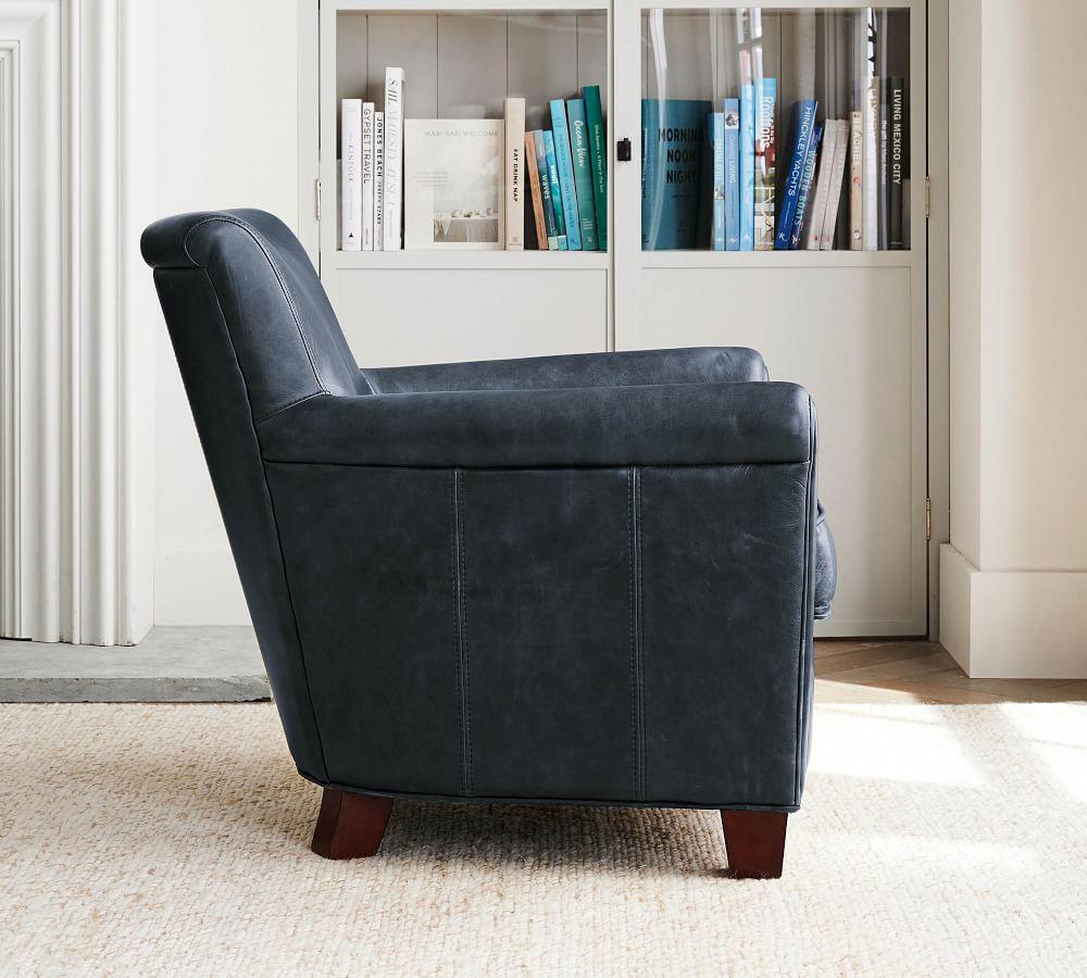 Pottery barn blue leather chair sales
